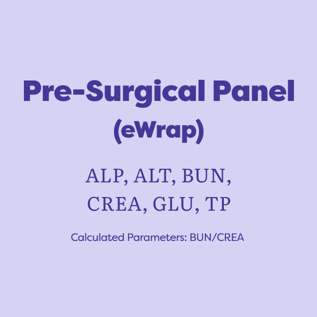 A digital graphic with a light lavender background and dark purple text reading 'Pre-Surgical Panel (eWrap)' followed by listed analytes: ALP, ALT, BUN, CREA, GLU, TP, and 'Calculated Parameters: BUN/CREA'.