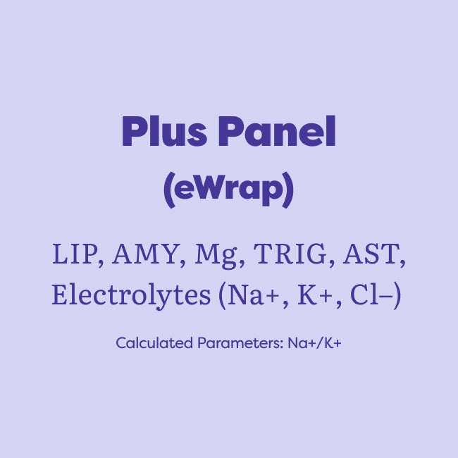 A light lavender graphic with dark purple text reading 'Plus Panel (eWrap)' and listing tested nutrients and calculated parameters including electrolytes.