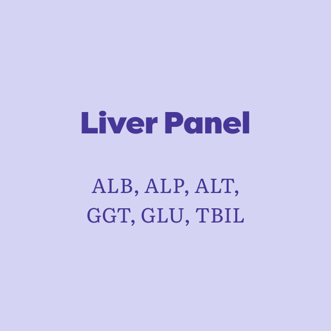 A light lavender square graphic with centered dark purple text reading 'Liver Panel' and listing the tested enzymes: ALB, ALP, ALT, GGT, GLU, TBIL.
